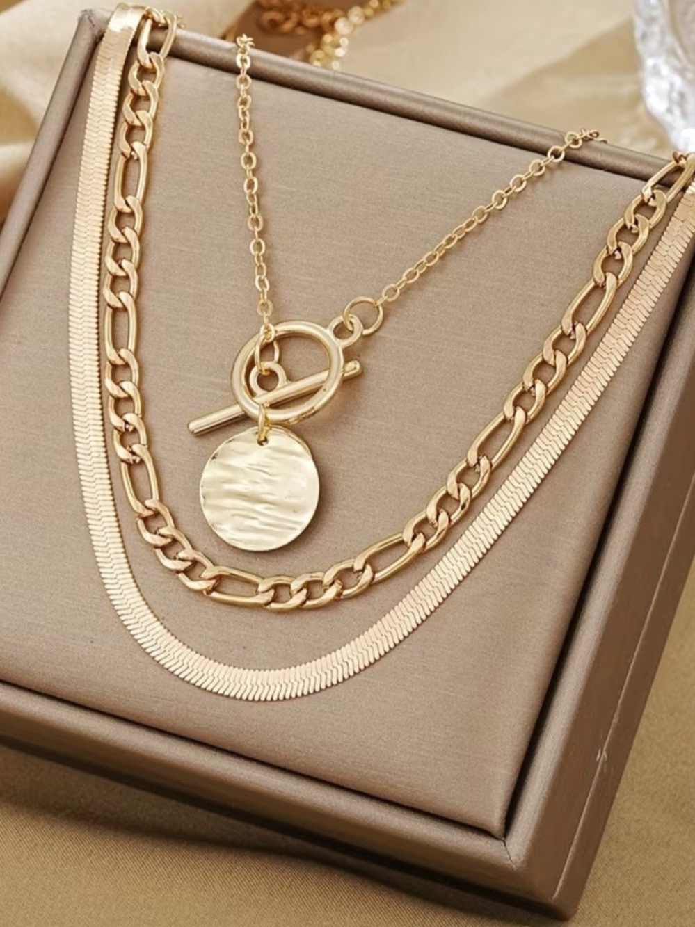 Gold Layered Disc Toggle Necklace - Women Jewelry
